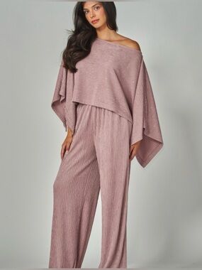2 Piece  Set Misty Rose Pink Off the
Shoulder Crinkle Rhinestone Pantsuit